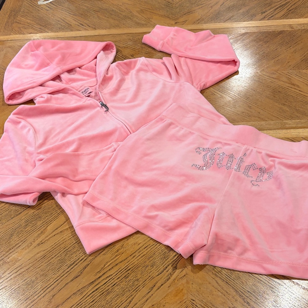 Juicy Couture Velour Bling Flamingo Pink Tracksuit Jacket & Short Set Size Large